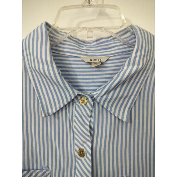 3231) Guess Blue White Stripe long Sleeve Button Down Gold Button Rayon Shirt L - Picture 6 of 8